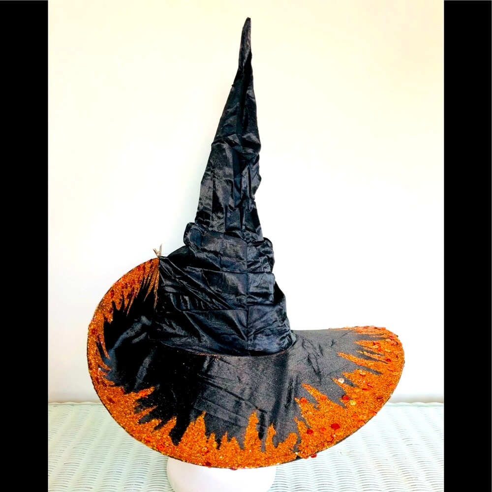 Witch hat multiple styling options in orange sparkle covered brim artisa…
